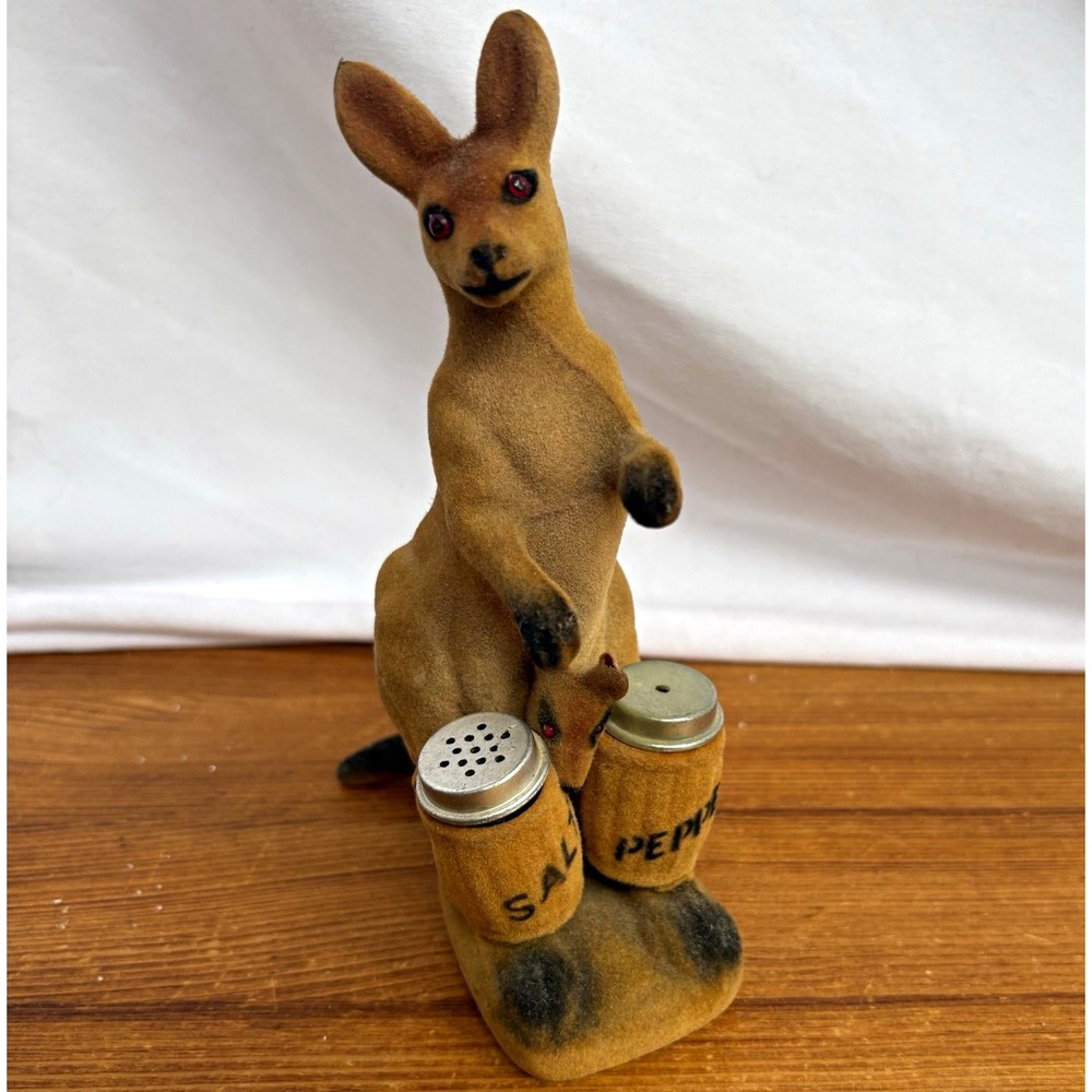 Vintage Kangaroo & Joey Salt Pepper Shakers w/ Holder Brown Black 7" Plastic